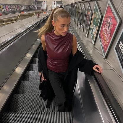 Leren Top - Wine Red